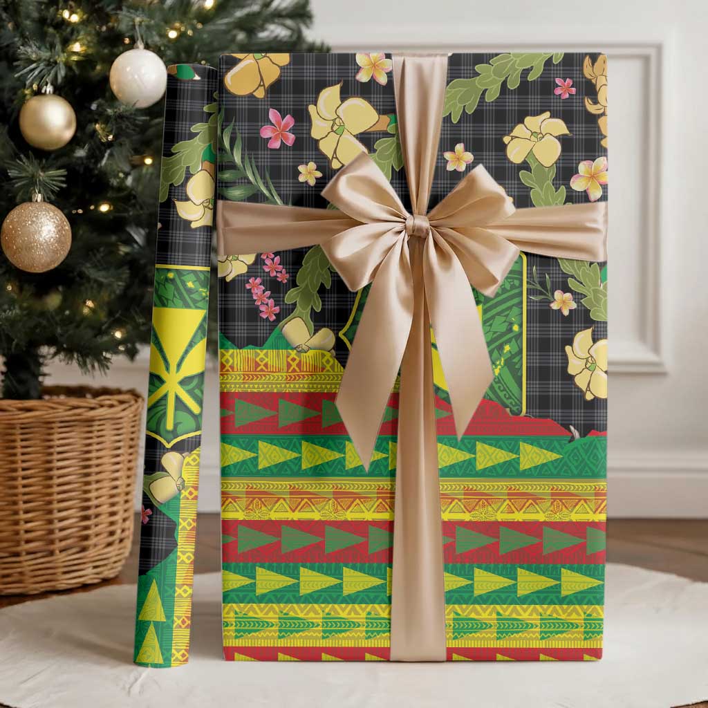 Hawaiian Tropical Plants Lei Wrapping Paper with Palaka Pattern and Kanaka Maoli Tribal Motifs - Polynesian Pride