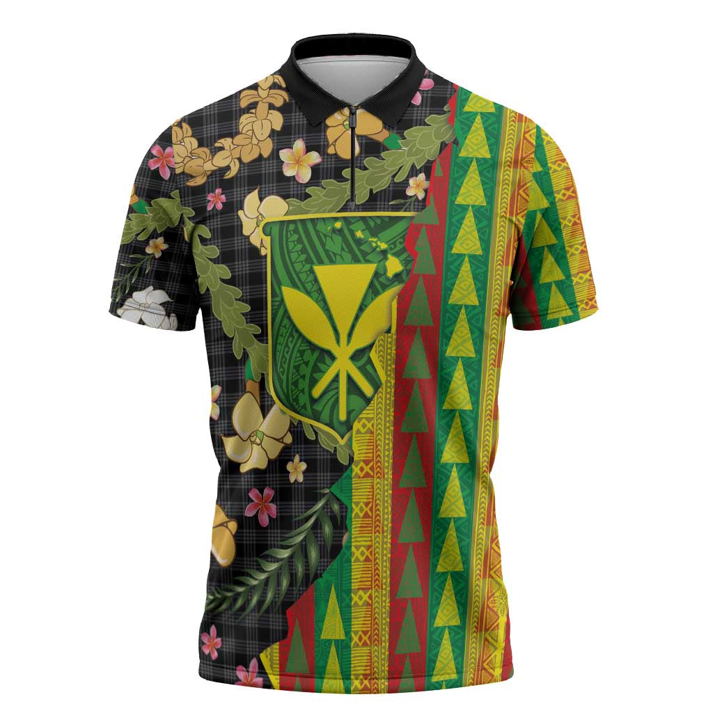 Hawaiian Tropical Plants Lei Zipper Polo Shirt Kanaka Maoli Tribal with Palaka Motifs - Polynesian Pride