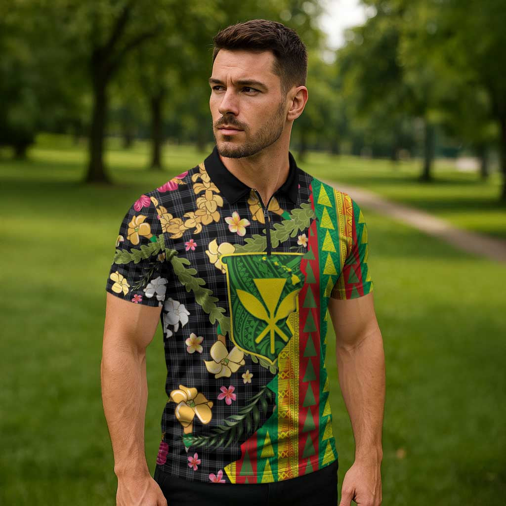 Hawaiian Tropical Plants Lei Zipper Polo Shirt Kanaka Maoli Tribal with Palaka Motifs - Polynesian Pride