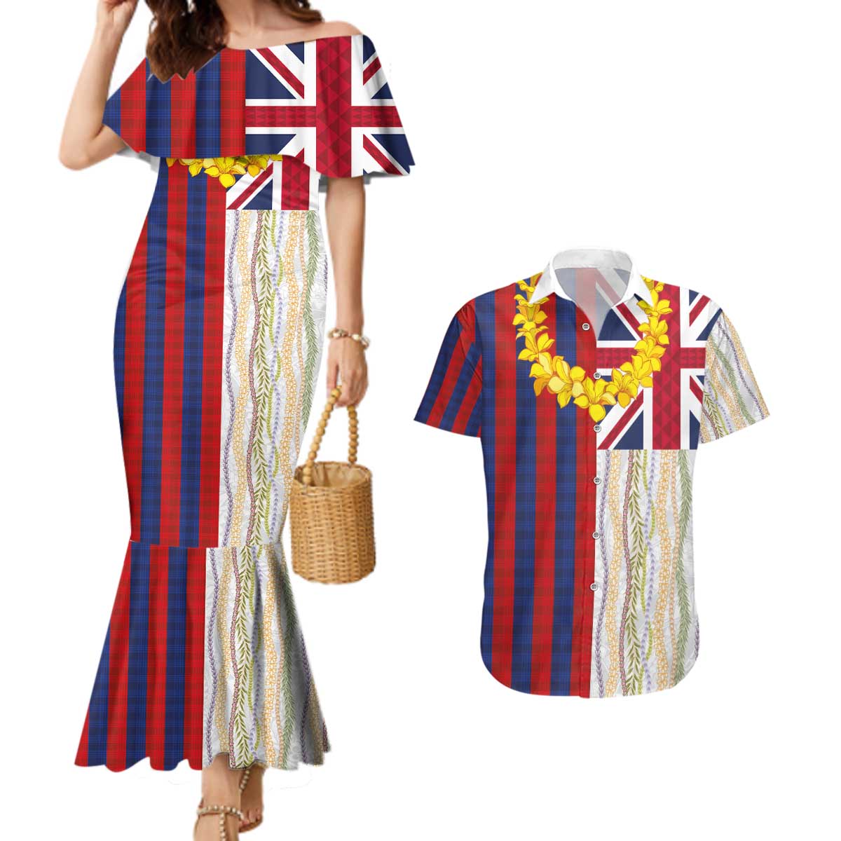 Hawaiian Tropical Plants Lei Couples Matching Mermaid Dress and Hawaiian Shirt National Flag Style - Polynesian Pride