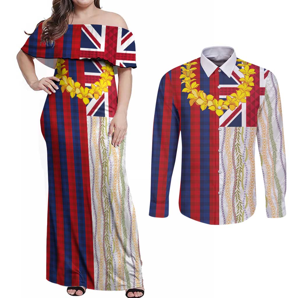 Hawaiian Tropical Plants Lei Couples Matching Off Shoulder Maxi Dress and Long Sleeve Button Shirt National Flag Style - Polynesian Pride