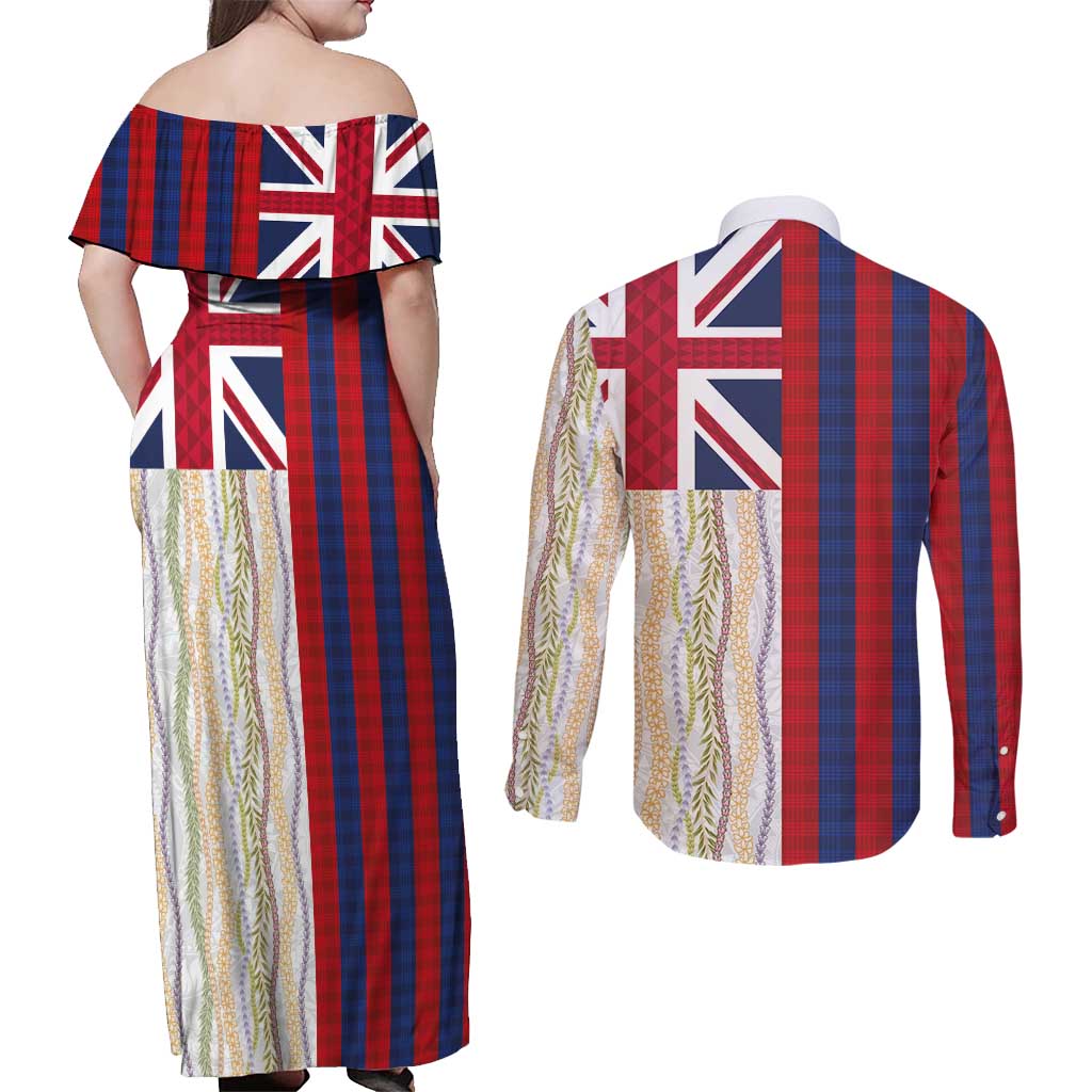 Hawaiian Tropical Plants Lei Couples Matching Off Shoulder Maxi Dress and Long Sleeve Button Shirt National Flag Style - Polynesian Pride