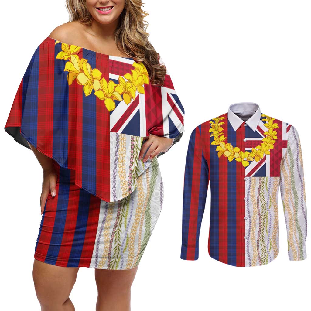Hawaiian Tropical Plants Lei Couples Matching Off Shoulder Short Dress and Long Sleeve Button Shirt National Flag Style - Polynesian Pride
