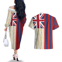 Hawaiian Tropical Plants Lei Couples Matching Off The Shoulder Long Sleeve Dress and Hawaiian Shirt National Flag Style - Polynesian Pride