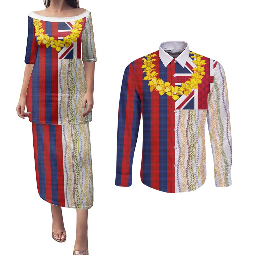 Hawaiian Tropical Plants Lei Couples Matching Puletasi and Long Sleeve Button Shirt National Flag Style - Polynesian Pride