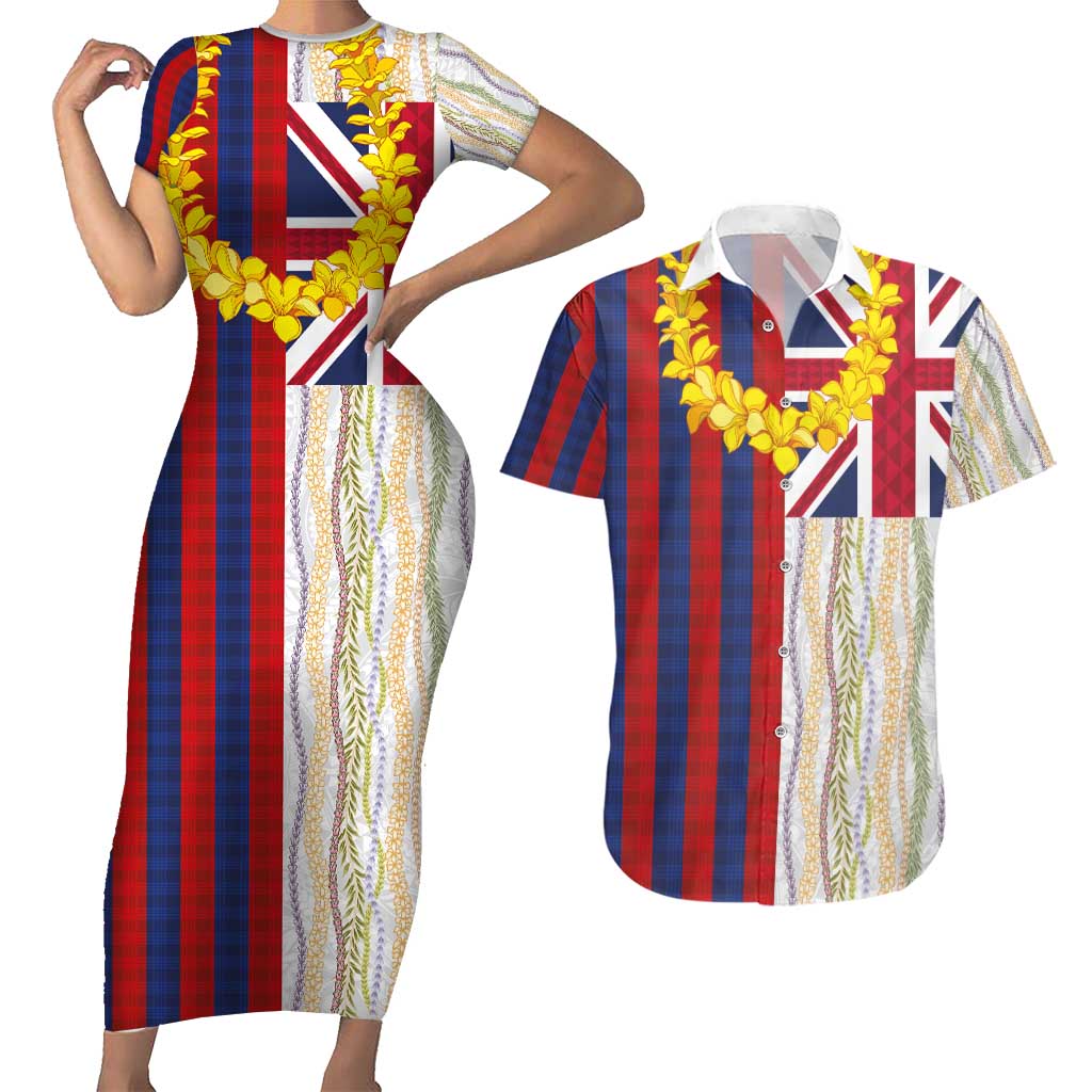 Hawaiian Tropical Plants Lei Couples Matching Short Sleeve Bodycon Dress and Hawaiian Shirt National Flag Style - Polynesian Pride