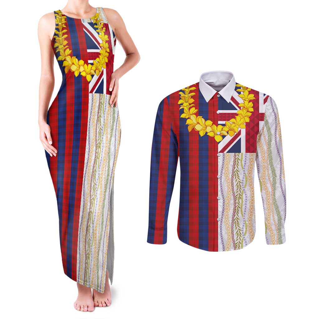 Hawaiian Tropical Plants Lei Couples Matching Tank Maxi Dress and Long Sleeve Button Shirt National Flag Style - Polynesian Pride