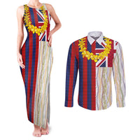 Hawaiian Tropical Plants Lei Couples Matching Tank Maxi Dress and Long Sleeve Button Shirt National Flag Style - Polynesian Pride