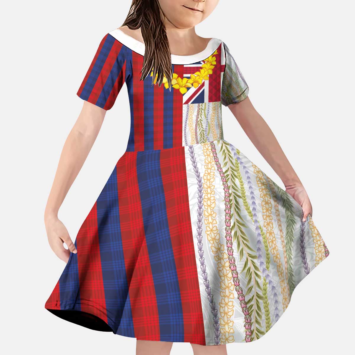 Hawaiian Tropical Plants Lei Kid Short Sleeve Dress National Flag Style - Polynesian Pride