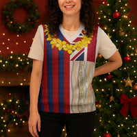 Hawaiian Tropical Plants Lei Christmas Knitted V-Neck Vest National Flag Style - Polynesian Pride