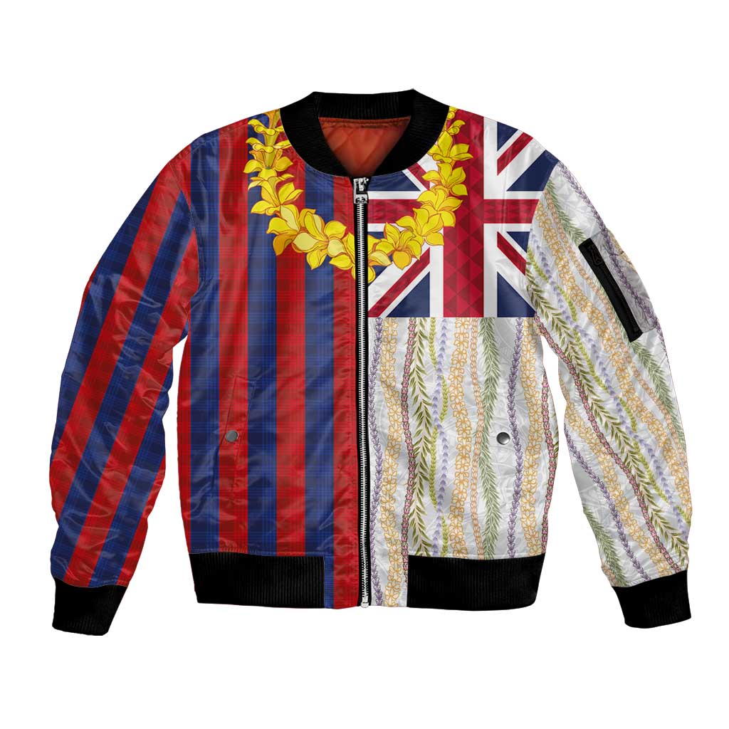 Hawaiian Tropical Plants Lei Sleeve Zip Bomber Jacket National Flag Style - Polynesian Pride