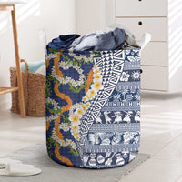 Hawaiian Plumeria Lei Laundry Basket Kakau Motifs and Palaka Half Style Blue Color - Polynesian Pride