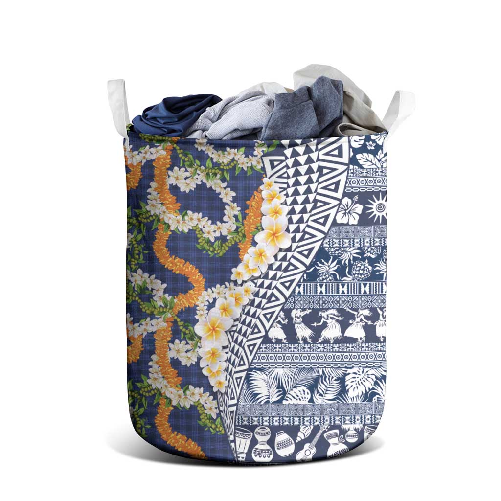 Hawaiian Plumeria Lei Laundry Basket Kakau Motifs and Palaka Half Style Blue Color - Polynesian Pride