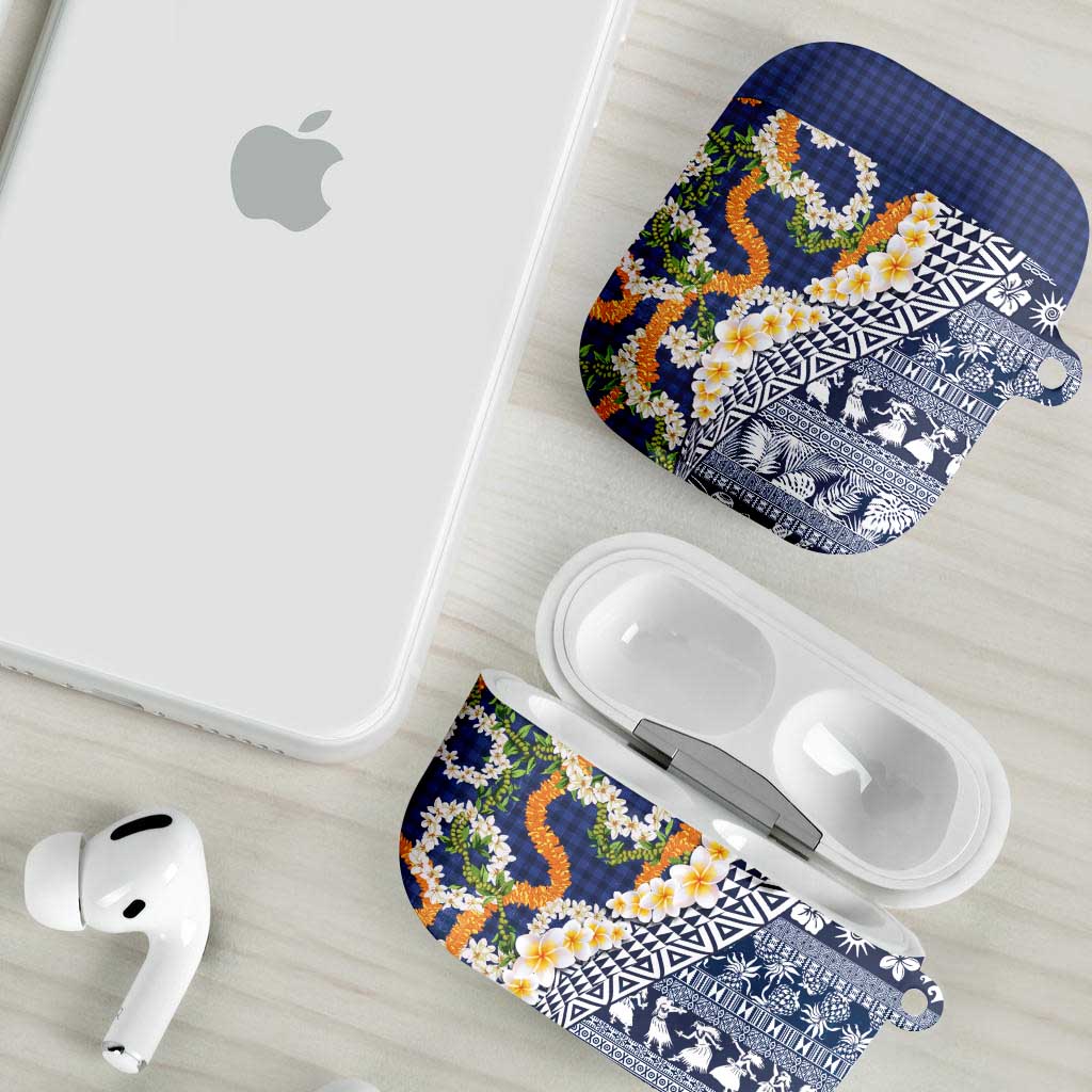 Hawaiian Plumeria Lei AirPods Case Kakau Motifs and Palaka Half Style Blue Color - Polynesian Pride