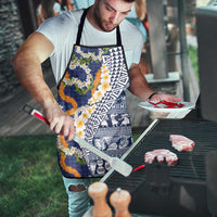 Hawaiian Plumeria Lei Apron Kakau Motifs and Palaka Half Style Blue Color - Polynesian Pride