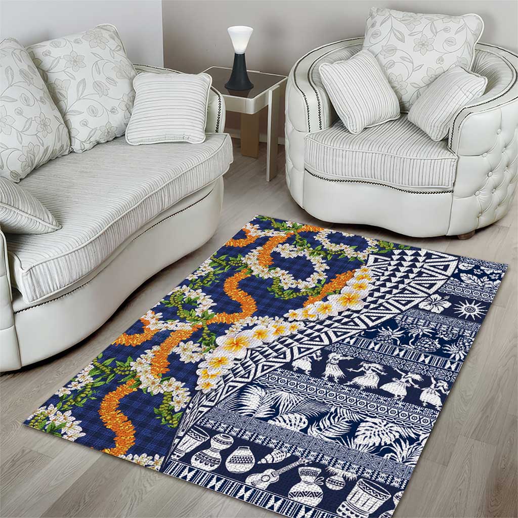 Hawaiian Plumeria Lei Area Rug Kakau Motifs and Palaka Half Style Blue Color - Polynesian Pride