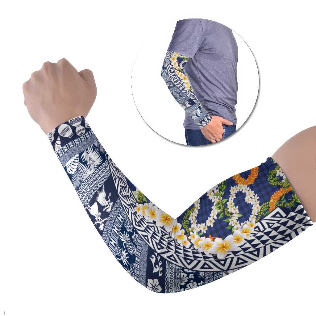 Hawaiian Plumeria Lei Arm Sleeves Kakau Motifs and Palaka Half Style Blue Color - Polynesian Pride