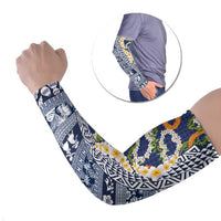 Hawaiian Plumeria Lei Arm Sleeves Kakau Motifs and Palaka Half Style Blue Color - Polynesian Pride