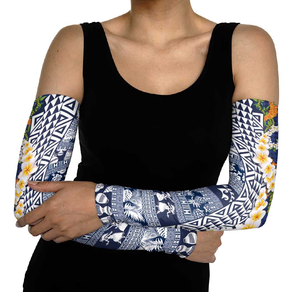 Hawaiian Plumeria Lei Arm Sleeves Kakau Motifs and Palaka Half Style Blue Color - Polynesian Pride