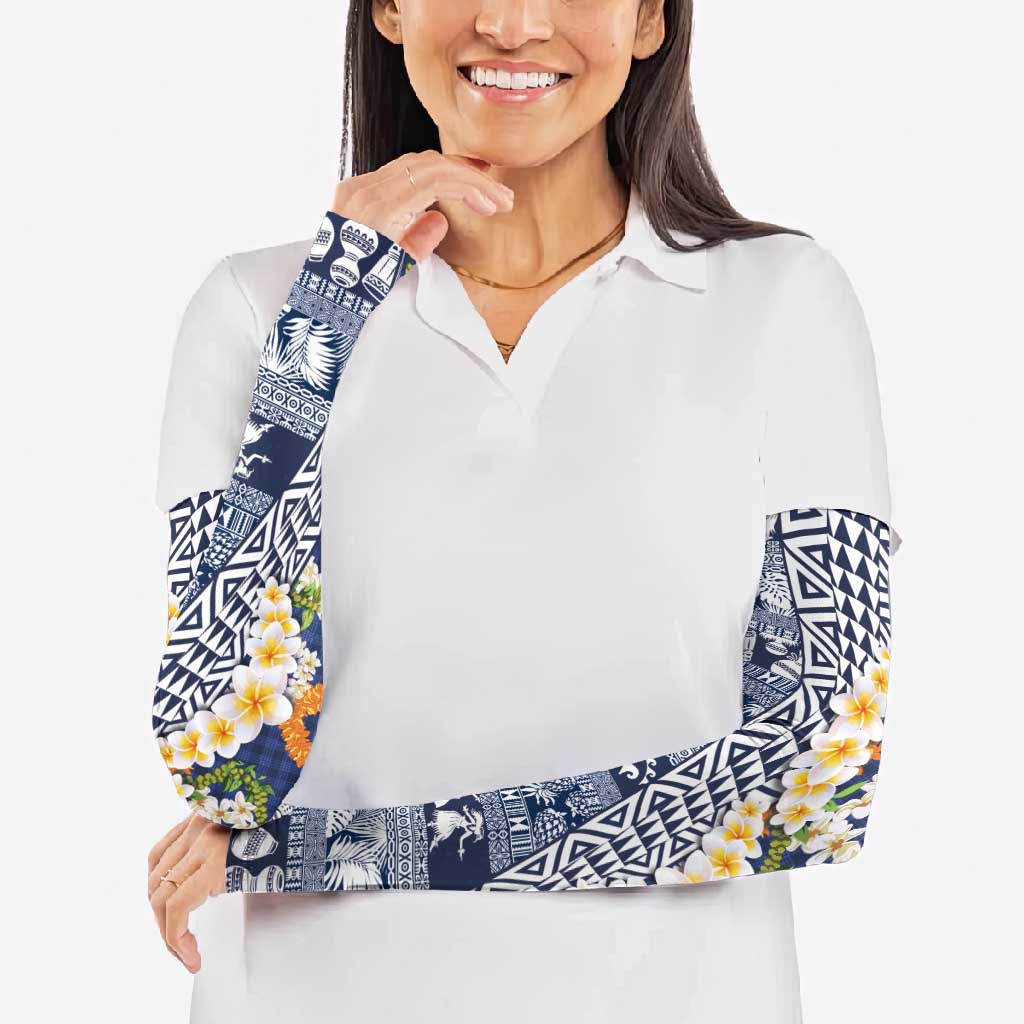 Hawaiian Plumeria Lei Arm Sleeves Kakau Motifs and Palaka Half Style Blue Color - Polynesian Pride