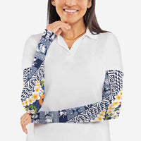 Hawaiian Plumeria Lei Arm Sleeves Kakau Motifs and Palaka Half Style Blue Color - Polynesian Pride