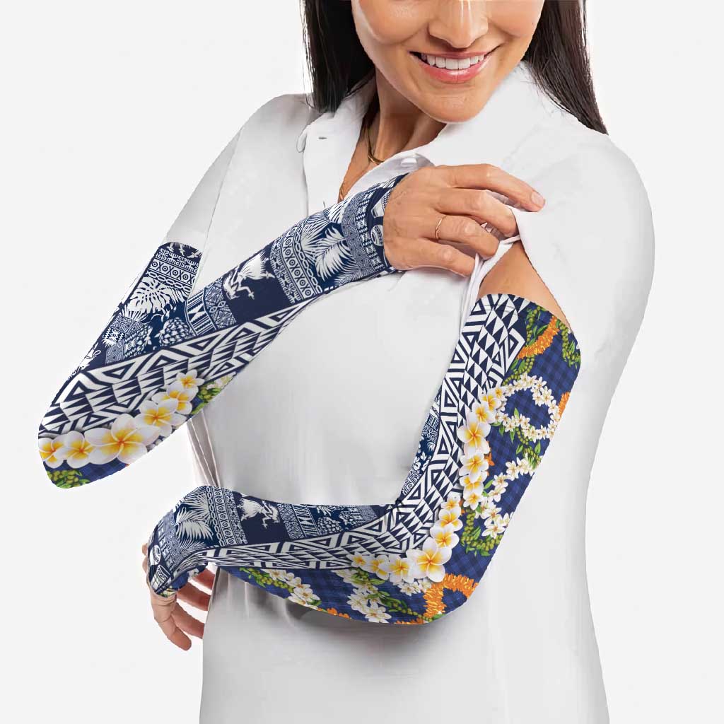 Hawaiian Plumeria Lei Arm Sleeves Kakau Motifs and Palaka Half Style Blue Color - Polynesian Pride
