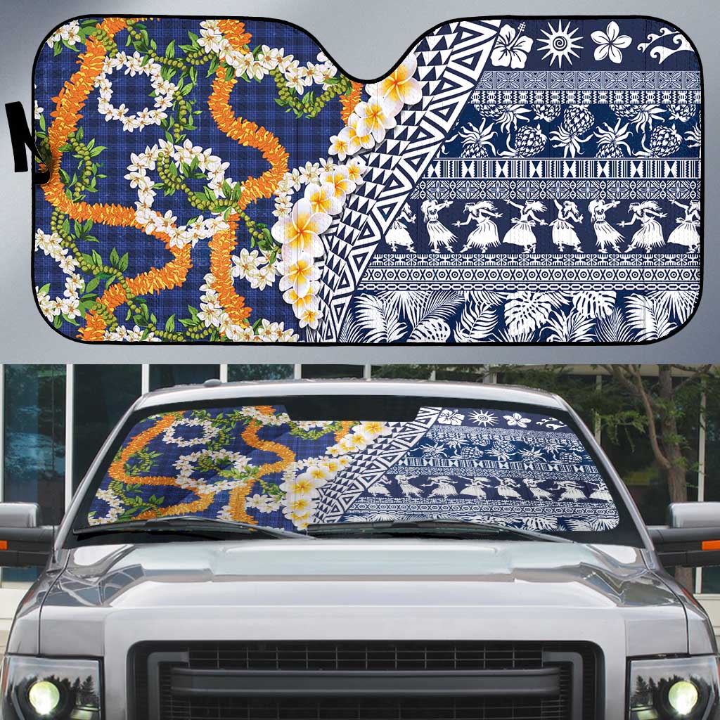 Hawaiian Plumeria Lei Auto Sun Shade Kakau Motifs and Palaka Half Style Blue Color - Polynesian Pride