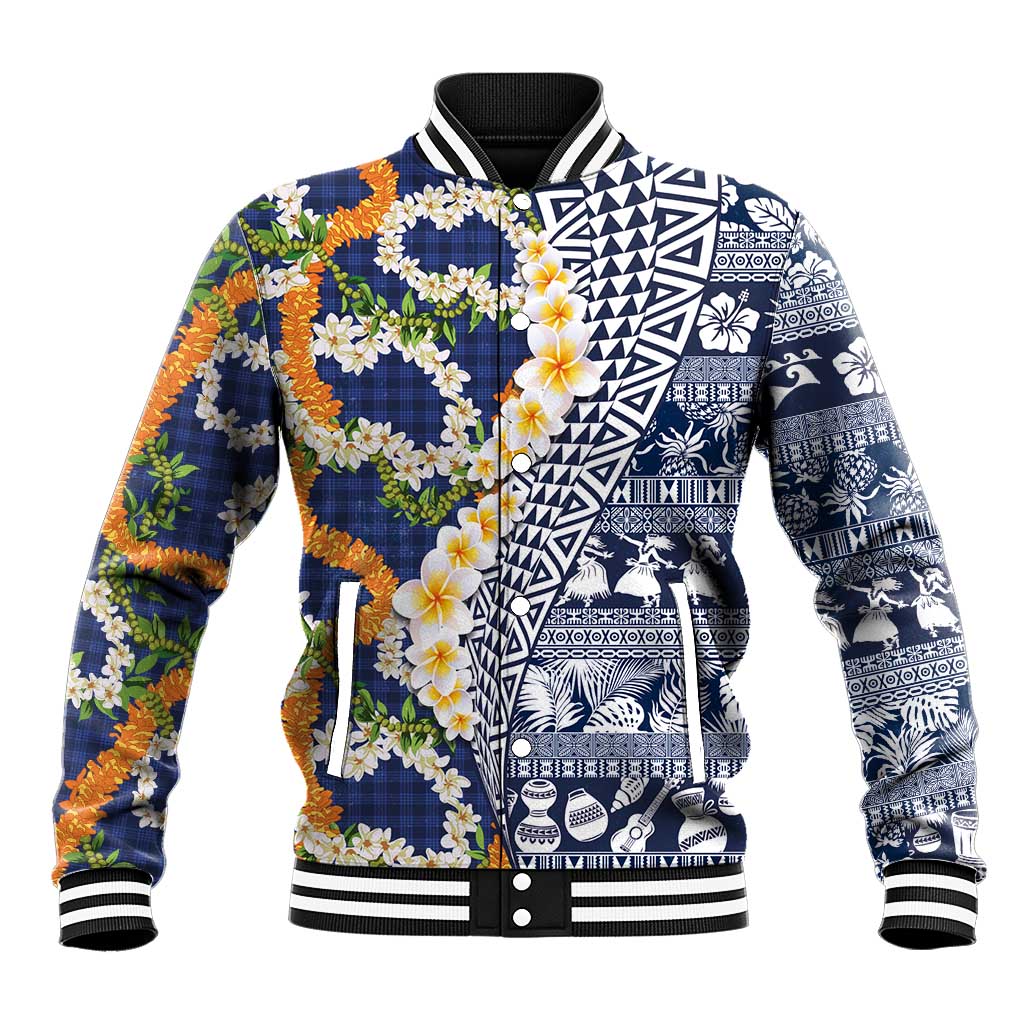 Hawaiian Plumeria Lei Baseball Jacket Kakau Motifs and Palaka Half Style Blue Color - Polynesian Pride