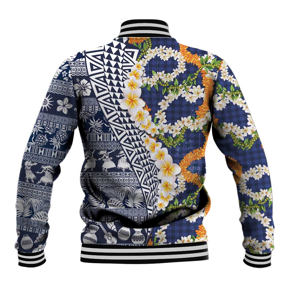 Hawaiian Plumeria Lei Baseball Jacket Kakau Motifs and Palaka Half Style Blue Color - Polynesian Pride