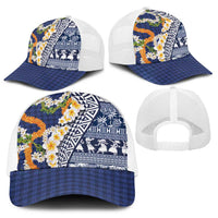 Hawaiian Plumeria Lei Baseball Net Cap Kakau Motifs and Palaka Half Style Blue Color - Polynesian Pride