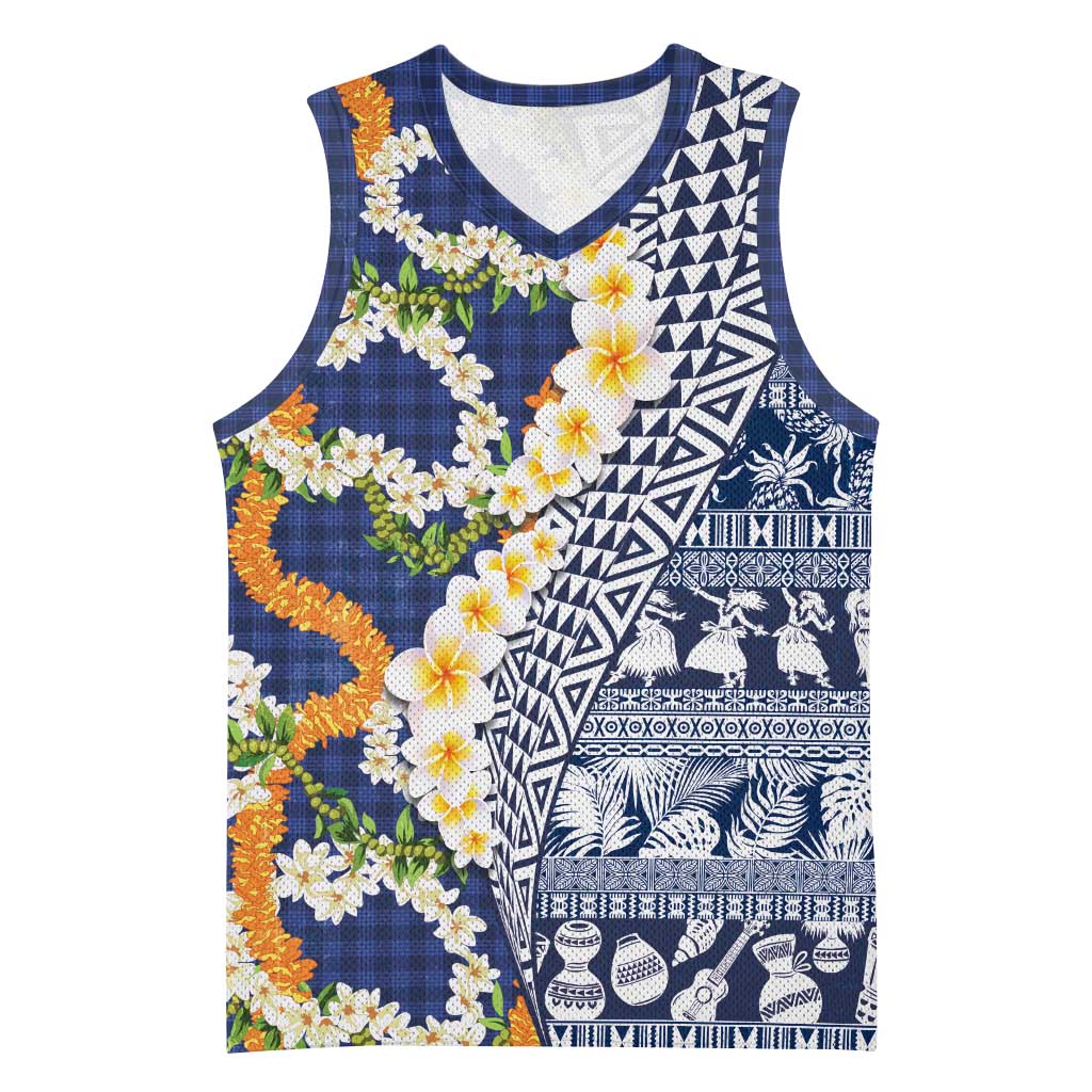Hawaiian Plumeria Lei Basketball Jersey Kakau Motifs and Palaka Half Style Blue Color - Polynesian Pride