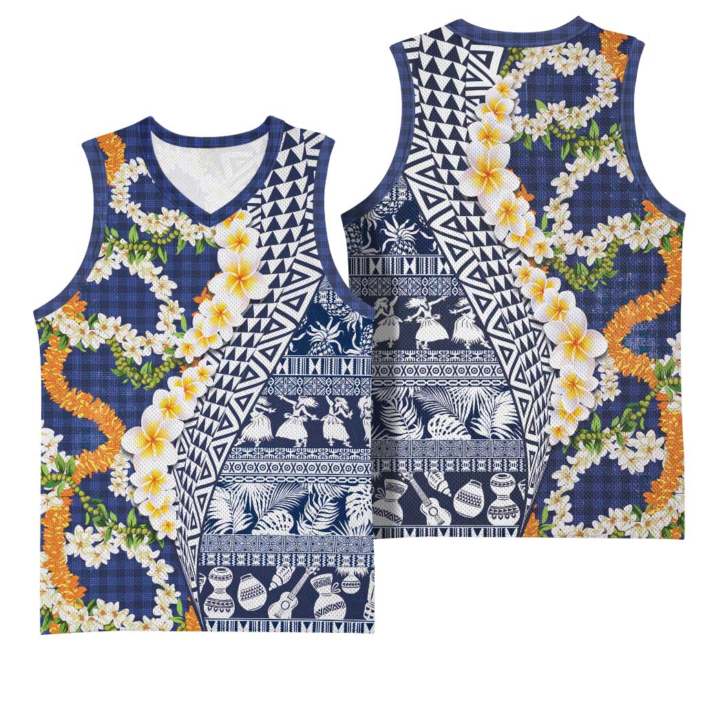 Hawaiian Plumeria Lei Basketball Jersey Kakau Motifs and Palaka Half Style Blue Color - Polynesian Pride