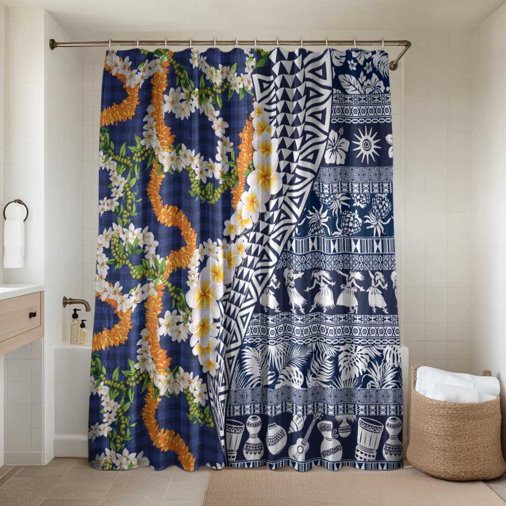 Hawaiian Plumeria Lei Bathroom Set Kakau Motifs and Palaka Half Style Blue Color - Polynesian Pride