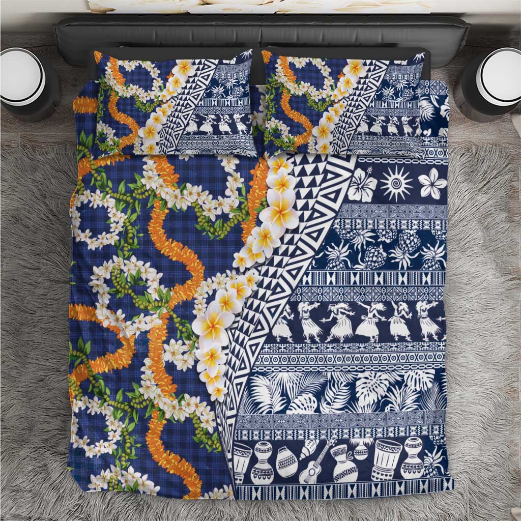 Hawaiian Plumeria Lei Bedding Set Kakau Motifs and Palaka Half Style Blue Color - Polynesian Pride
