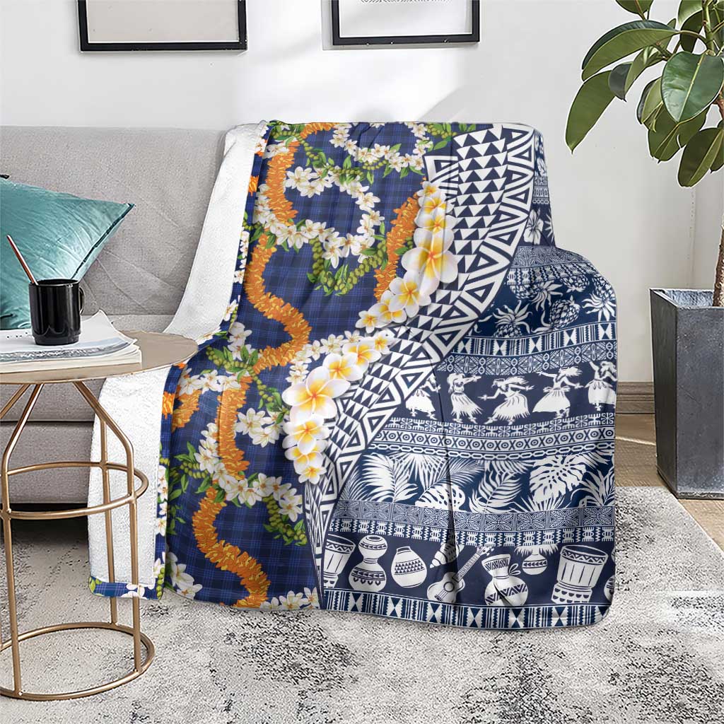 Hawaiian Plumeria Lei Blanket Kakau Motifs and Palaka Half Style Blue Color - Polynesian Pride