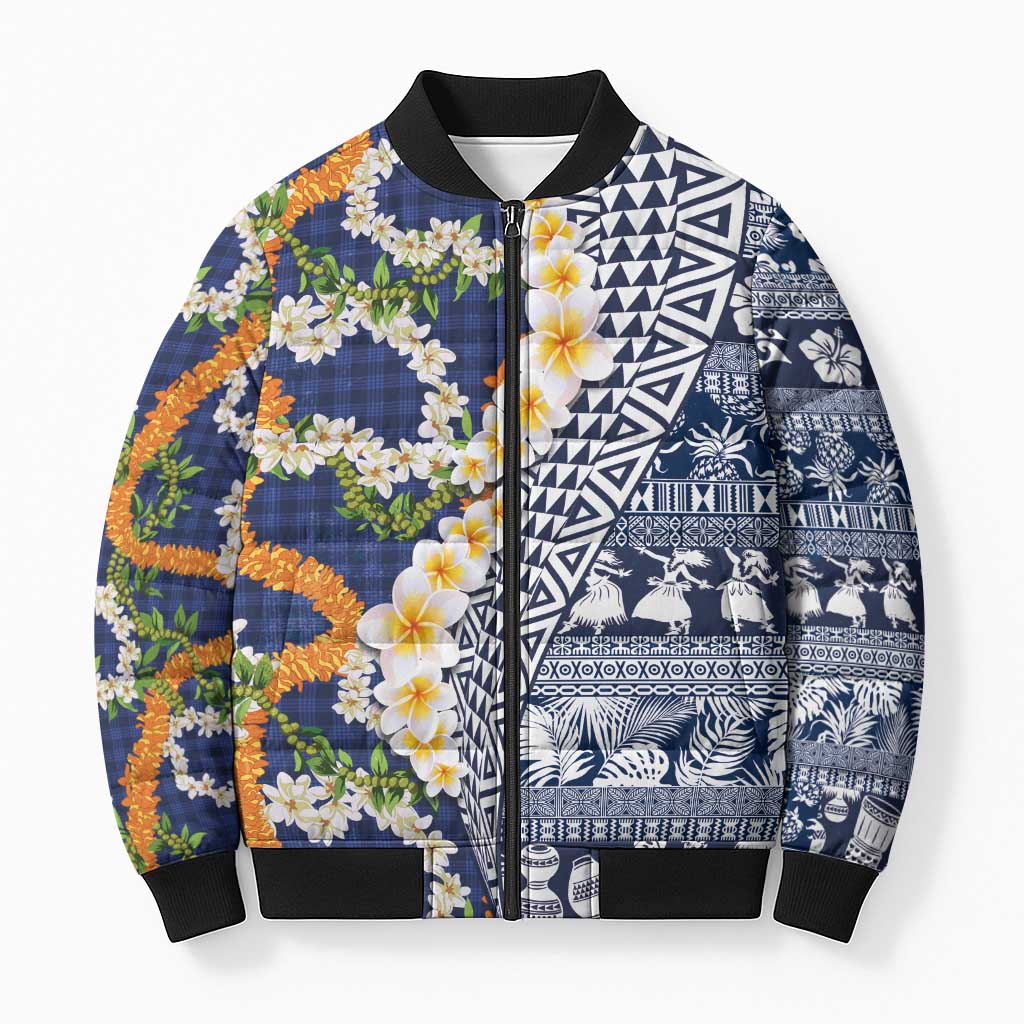 Hawaiian Plumeria Lei Bomber Puffer Jacket Kakau Motifs and Palaka Half Style Blue Color - Polynesian Pride