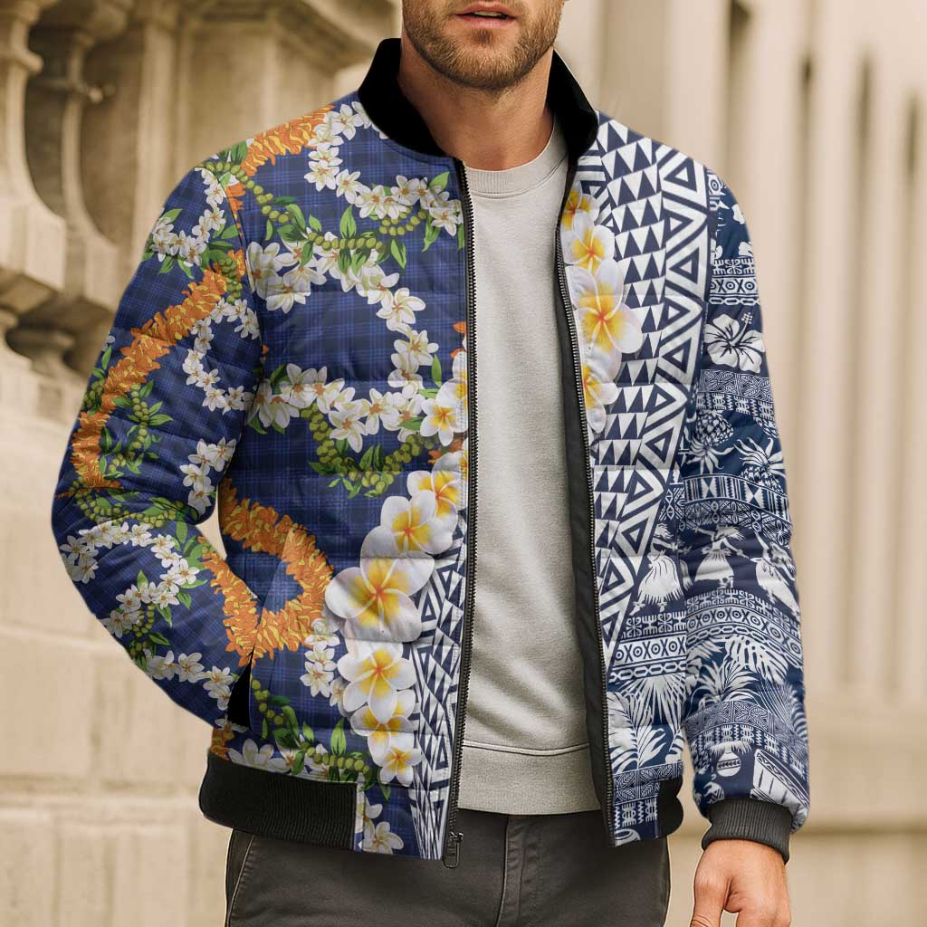 Hawaiian Plumeria Lei Bomber Puffer Jacket Kakau Motifs and Palaka Half Style Blue Color - Polynesian Pride