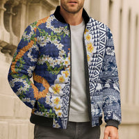 Hawaiian Plumeria Lei Bomber Puffer Jacket Kakau Motifs and Palaka Half Style Blue Color - Polynesian Pride