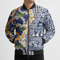 Hawaiian Plumeria Lei Bomber Puffer Jacket Kakau Motifs and Palaka Half Style Blue Color - Polynesian Pride