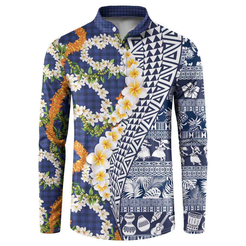Hawaiian Plumeria Lei Button Sweatshirt Kakau Motifs and Palaka Half Style Blue Color - Polynesian Pride