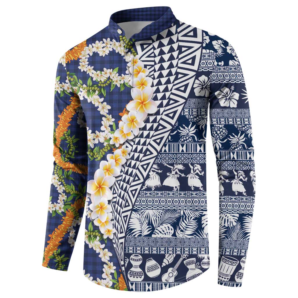 Hawaiian Plumeria Lei Button Sweatshirt Kakau Motifs and Palaka Half Style Blue Color - Polynesian Pride