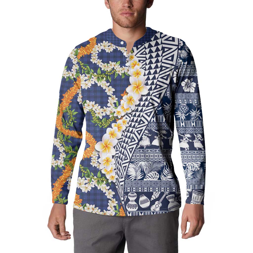 Hawaiian Plumeria Lei Button Sweatshirt Kakau Motifs and Palaka Half Style Blue Color - Polynesian Pride