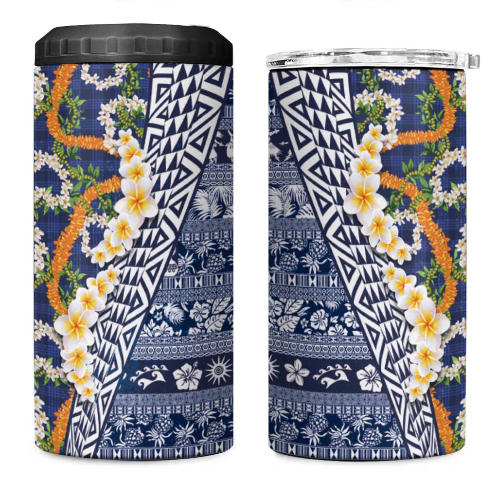 Hawaiian Plumeria Lei 4 in 1 Can Cooler Tumbler Kakau Motifs and Palaka Half Style Blue Color - Polynesian Pride