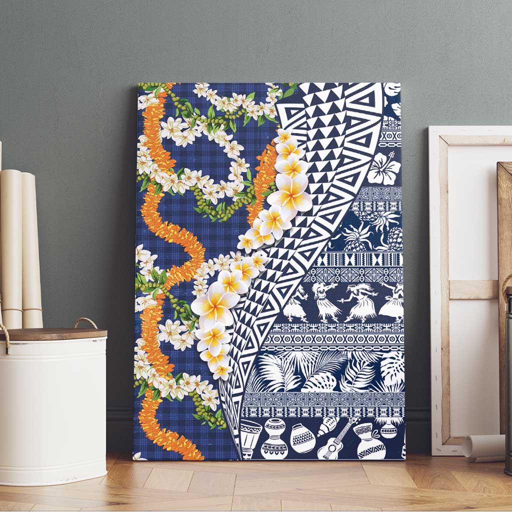 Hawaiian Plumeria Lei Canvas Wall Art Kakau Motifs and Palaka Half Style Blue Color - Polynesian Pride