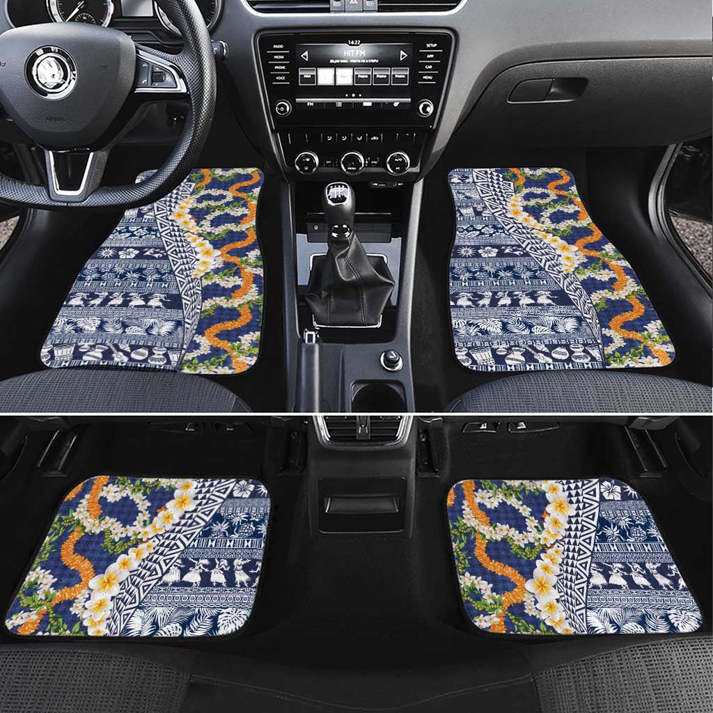 Hawaiian Plumeria Lei Car Mats Kakau Motifs and Palaka Half Style Blue Color - Polynesian Pride