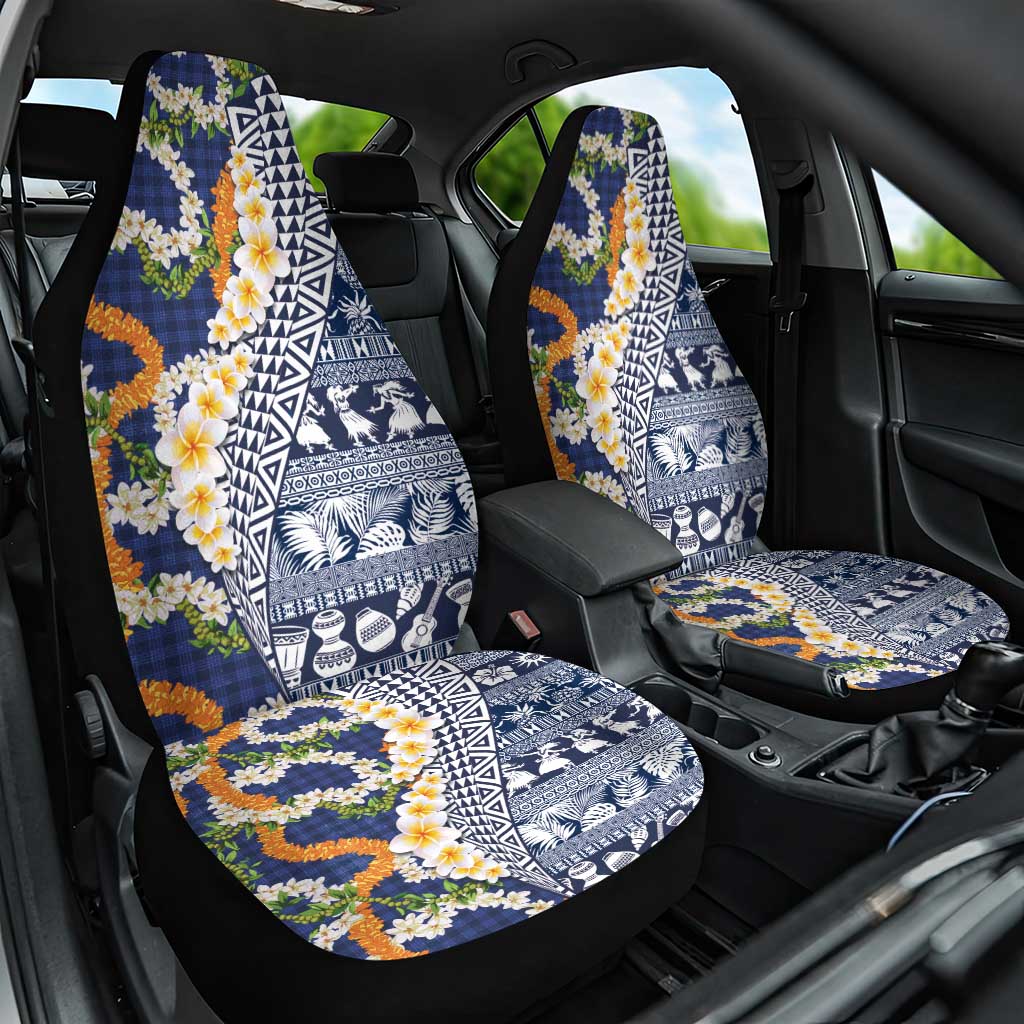 Hawaiian Plumeria Lei Car Seat Cover Kakau Motifs and Palaka Half Style Blue Color - Polynesian Pride