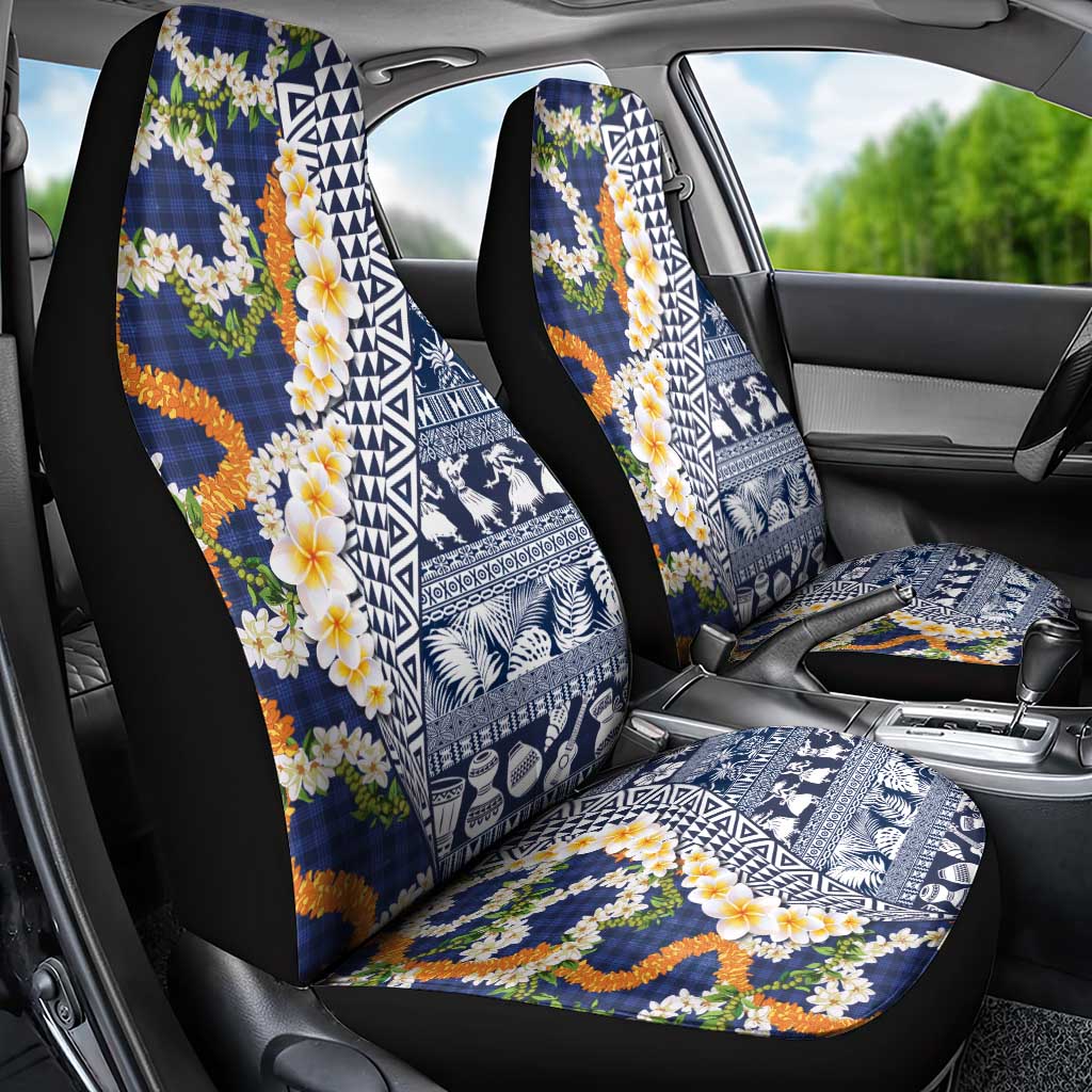 Hawaiian Plumeria Lei Car Seat Cover Kakau Motifs and Palaka Half Style Blue Color - Polynesian Pride