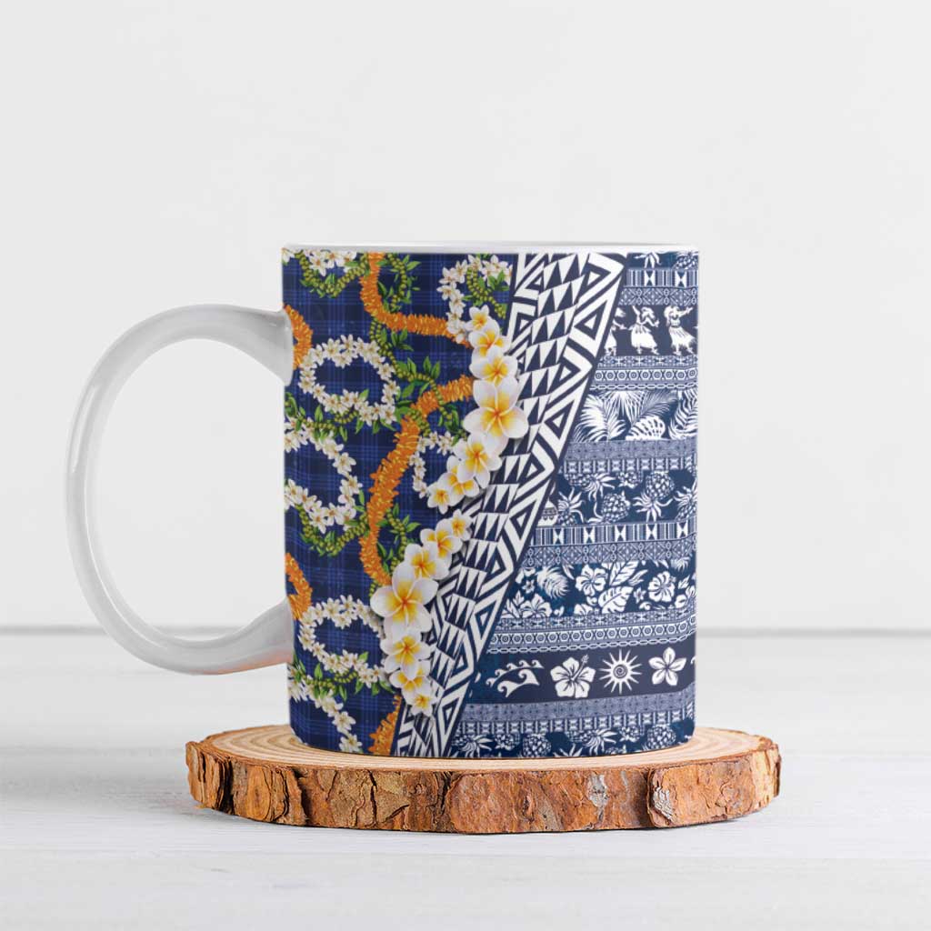 Hawaiian Plumeria Lei Ceramic Mug Kakau Motifs and Palaka Half Style Blue Color - Polynesian Pride