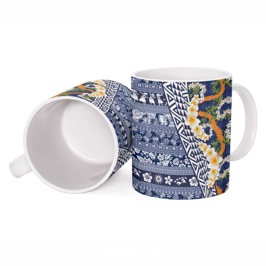 Hawaiian Plumeria Lei Ceramic Mug Kakau Motifs and Palaka Half Style Blue Color - Polynesian Pride