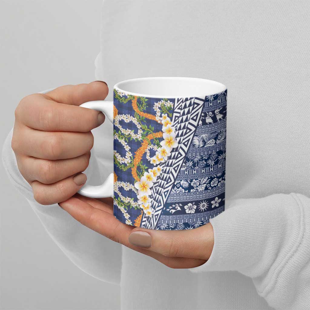 Hawaiian Plumeria Lei Ceramic Mug Kakau Motifs and Palaka Half Style Blue Color - Polynesian Pride